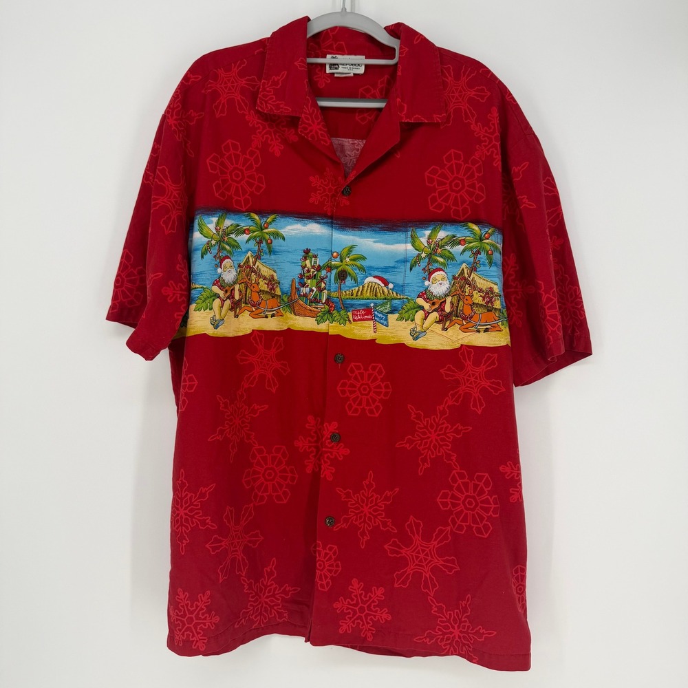 Aloha‎ Republic Shirt Mens XL Red Christmas Tropical Santa Snowflake Hawaii VTG